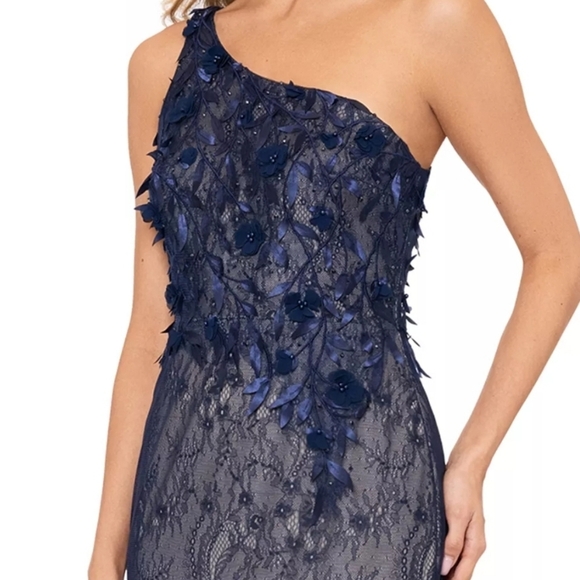 Xscape Women's Lace Mesh One-Shoulder Gown Blue Prom Mother of the Bride 8 - Picture 4 of 16